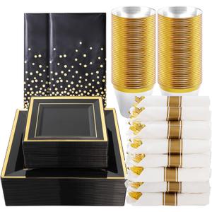Goodluck 352 Piece Black Dinnerware Set for 50 Guests, Black Square Plastic Plates with Gold Trim, Include: 100 Plastic Plates, 50 Rolled Napkins, 50 Cups, 50 Cutlery Set and 2 Tablecloth