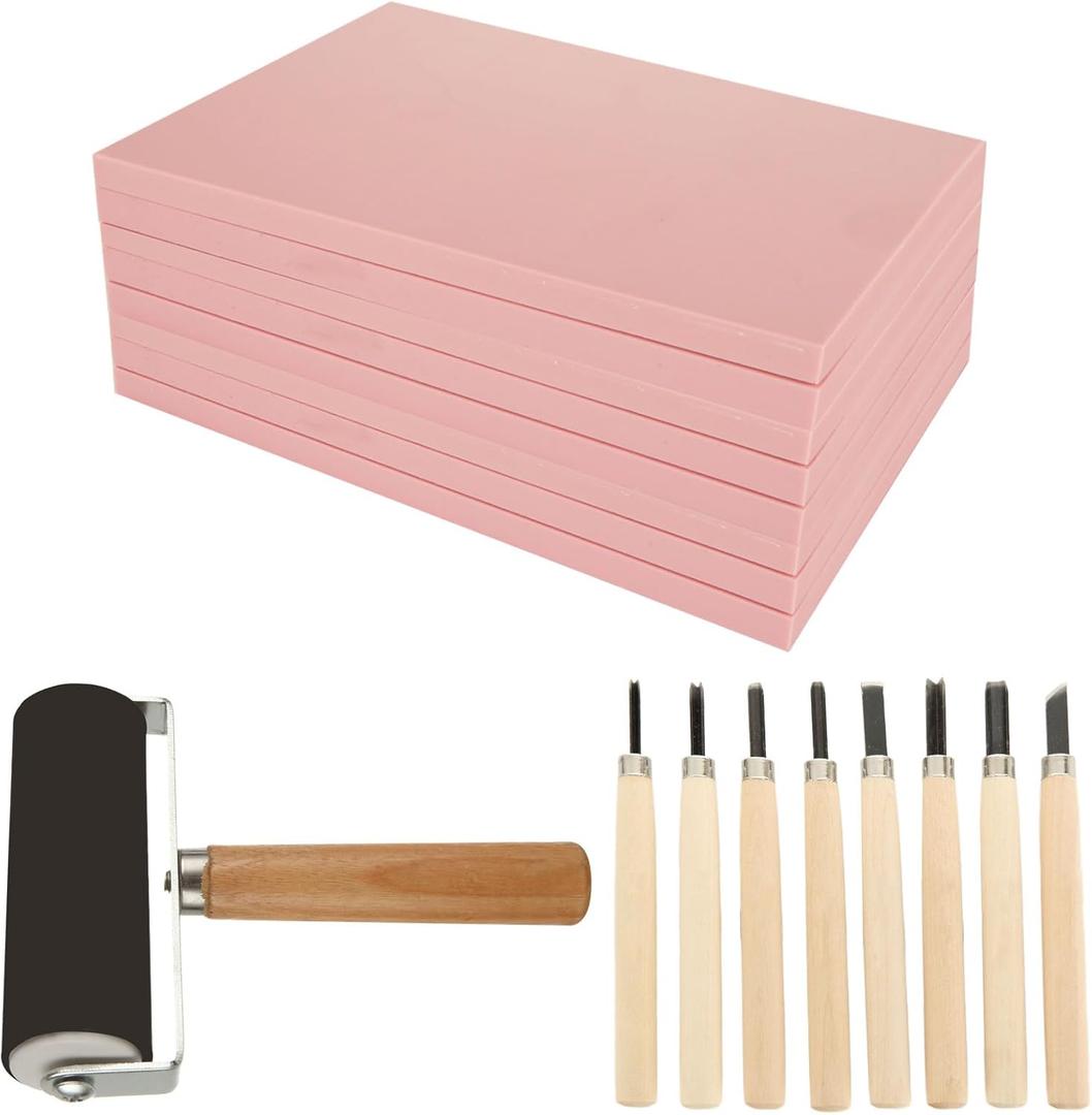 10 Pack Rubber Stamp Making Kit - Block Printing KitLinoleum Carving Tools with 8 Type Blades, 8 Pcs Pink Rubber Carving Block and Rubber Brayer Roller