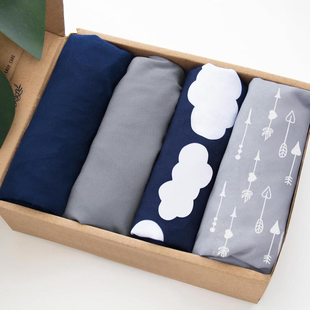 Baby Bassinet Sheets 4 Pack Compatible with Gap BabyGap Whisper Bedside and SNOO Smart Sleeper Bassinet, Ultra Soft & Skin-Friendly, Washer & Dryer (Navy Blue Cloud)