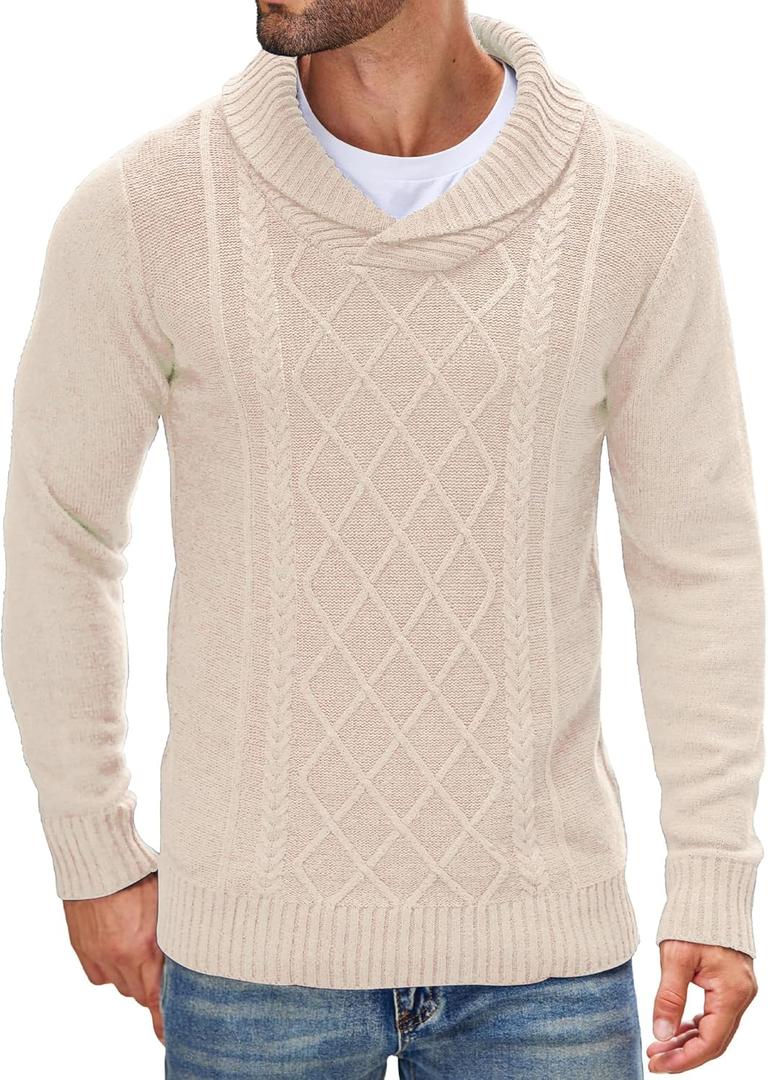 COOFANDY Men's Shawl Collar Sweaters V-Neck Relaxed Fit Cable Pullovers (L)