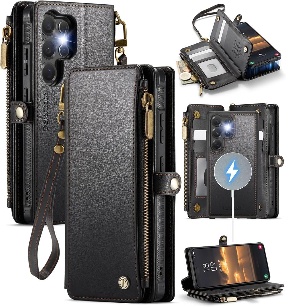 Defencase for Samsung Galaxy S24 Ultra Magnetic Wallet Case Compatible with Magsafe with RFID Blocking Zipper & Card Holder Women, PU Leather Detachable Phone Case for Galaxy S24 Ultra 6.8", Black