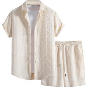 GORGLITTER Men's 2 Piece Outfits Waffle Knit Button Down Shirt Top and Shorts Set Beige X-Large