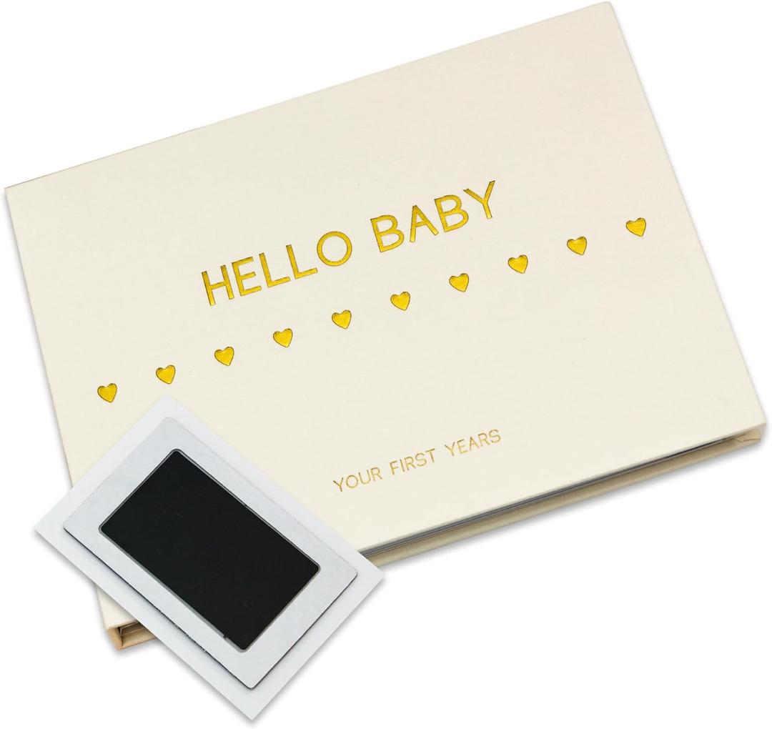 LOVE ON Baby Memory Book with Free Inkless Hand & Footprint Kit - First 5 Years Baby Journal with Elegant Linen Cover & Embossed Foil - Inclusive of All Family Types (Hearts)