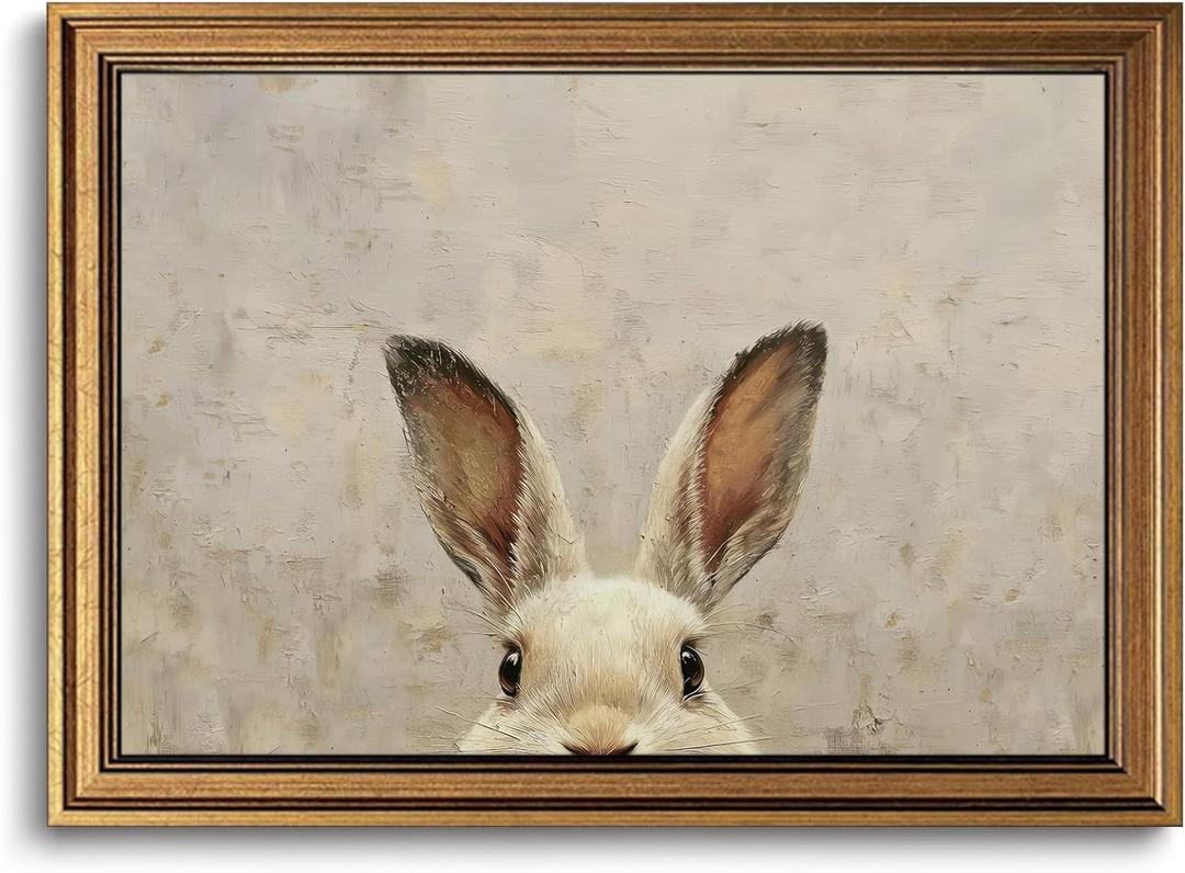 Gold Framed Wall Art Vintage Easter Bunny Canvas Art Easter Wall Decor Farmhouse Picture Neutral Rabbit Prints Rustic Paintings Country Artwork for Bedroom Bathroom Living Room 12x16 Inch