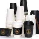 JOLLY CHEF 100 Pack 12 oz Disposable Coffee Cups Hot Beverage Paper Coffee Cups with Lids, Sleeves and Stirrers (Black and White)