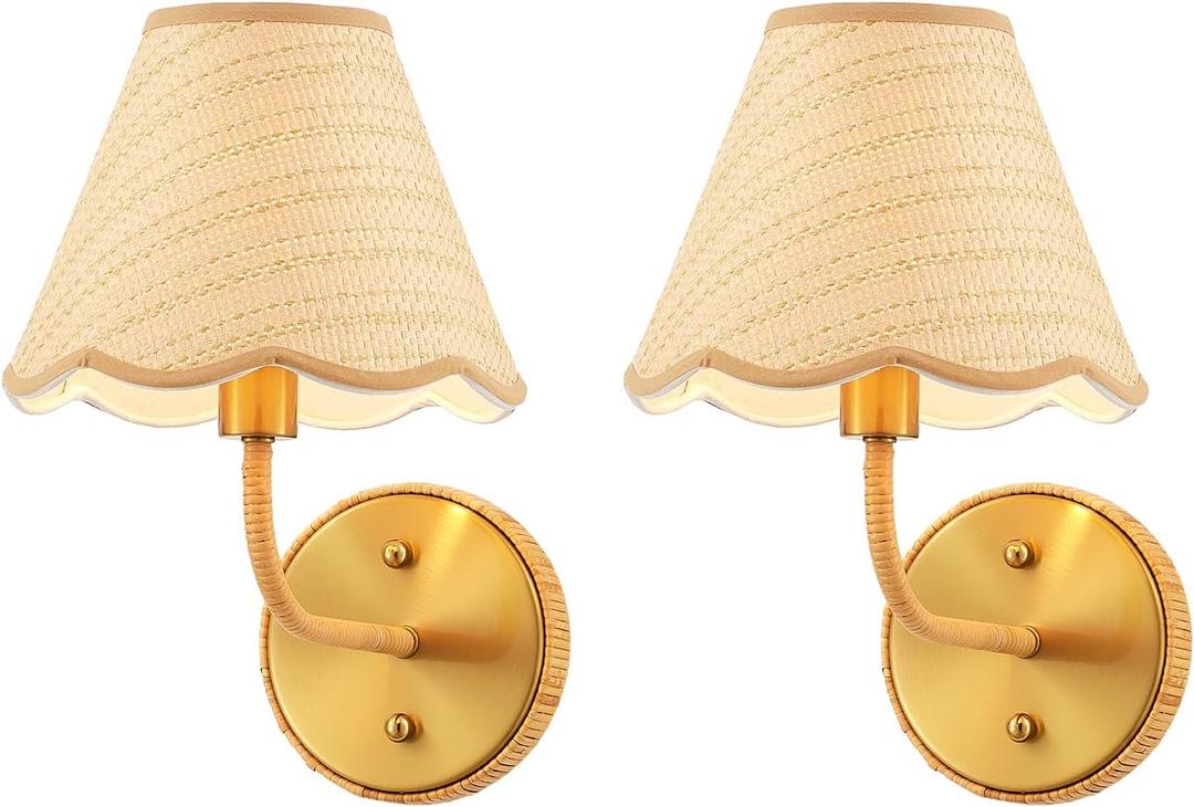 Elycucpa Boho Hand Woven Rattan Wall Sconces Set of Two Rustic Industrial Wall Lamp Brass Farmhouse Wall Lights for Bedroom Living Room Hallway Vanity, Dia 11, UL Listed