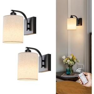Black Rechargeable Battery Operated Wall Sconces Set of 2 with Remote, Wireless Dimmable Battery Powered LED Wall Lights, Cordless Wall Lighting Lamp Fixture for Bedroom Living Room
