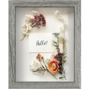 FrameWorks 8x10 Driftwood Wooden Shadow Box Frame  Soft Felt Back, Tempered Glass, and Included Elegant White Ball Push Pins (Grey)