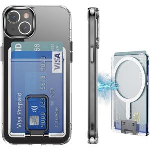 Magnetic for iPhone 14 Case, iPhone 13 Case and Card Holder with Stand, (Compatible with MagSafe) Shockproof Military-Grade Protection, Wallet Phone Case for iPhone 14/13 (6.1 inch), Clear