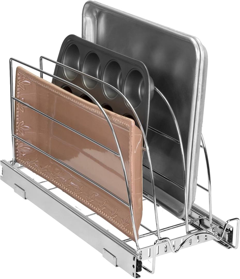 HOLDN STORAGE Pull Out Organizer for Bakeware, Cutting Board and Trays, Adjustable Dividers - Heavy Duty,For Narrow Cabinet Spaces, 8.5W x 21D x 11H, Chrome