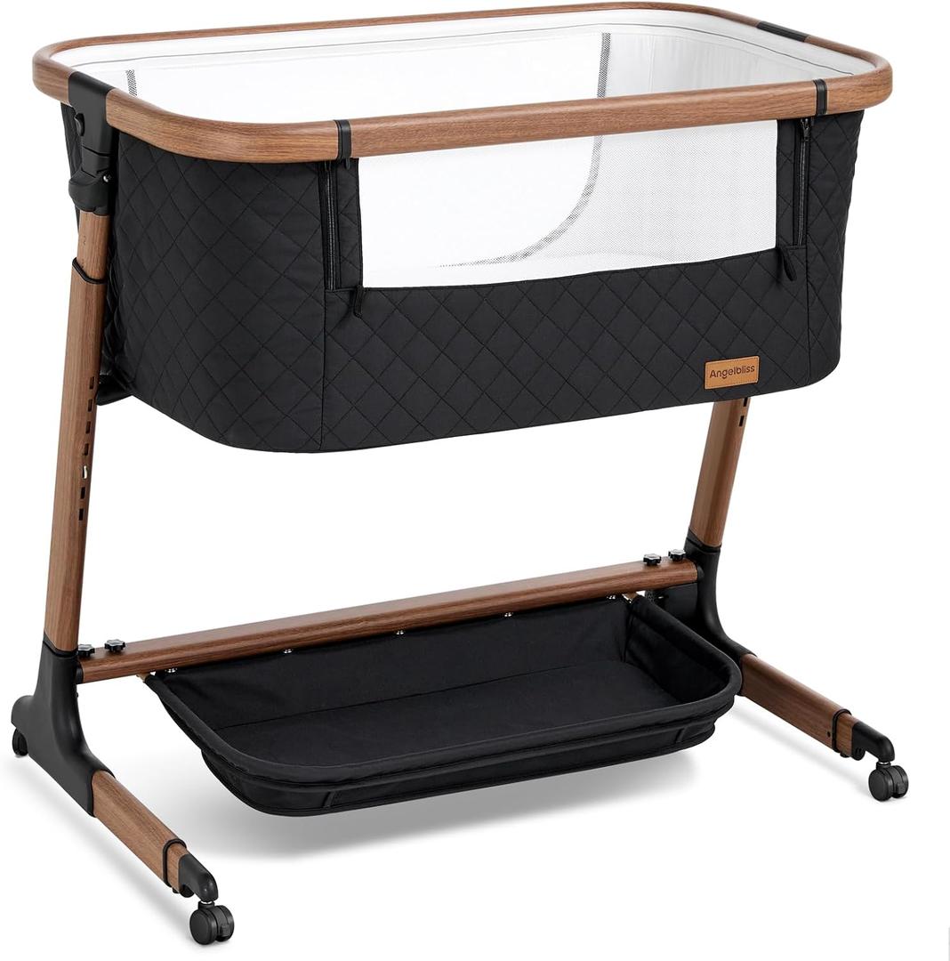 ANGELBLISS Electric Baby Bassinet Bedside Sleeper with Auto Rocking, Remote/Touch Control, 3 Timer Modes, 12 Sounds, 6 Heights, Storage & Wheels (Black) | Breathable Mesh