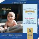 OHLALA Luxury Diapers Size 5 200 Count 27+ lbs Skin-Friendly & Leakproof Hypoallergenic Fragrance-Free Lightweight 4 Pack