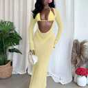 3 Piece Swimsuits for Women Sexy Halter Triangle Thong Bikini Sets with Sheer Mesh Beach Cover Up Dress Vacation Outfits (Yellow, S)