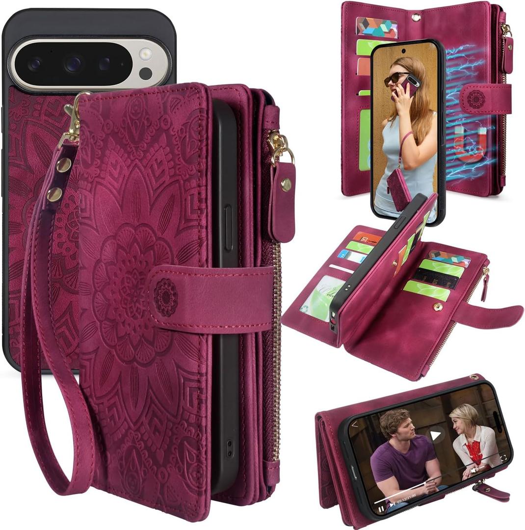 Harryshell Detachable Wallet Leather Case Compatible with Google Pixel 9 Pro XL 6.8" / 10 Pro XL Magnetic Phone Case Zipper with Cash Coin Pocket Multi Card Slot Wrist Strap Lanyard (Flower Wine Red)