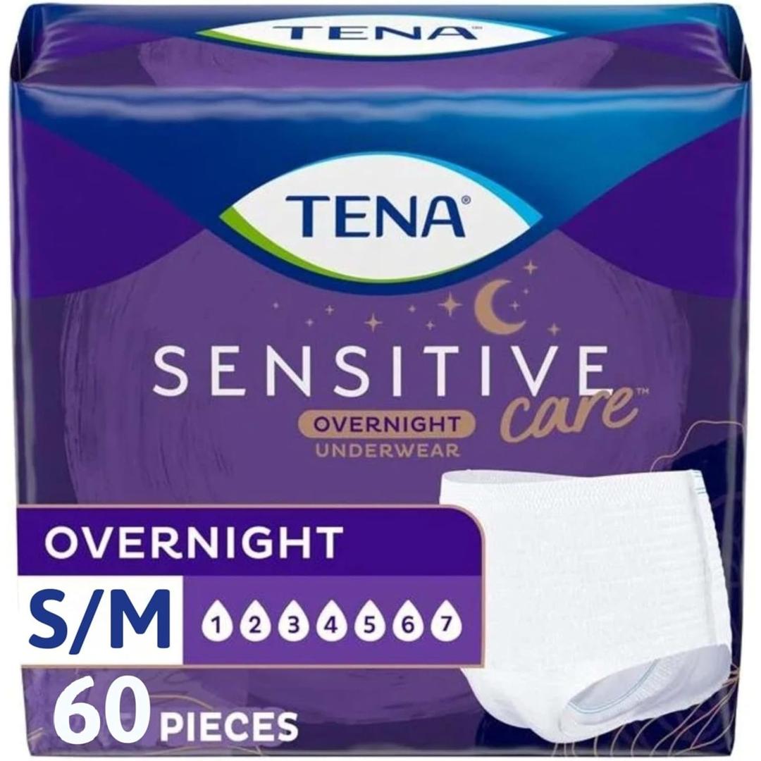 Tena Sensitive Care Overnight Incontinence Underwear for Women, Bladder Control and Postpartum, Small/Medium, 60 Count (Waist Size: 25in-35in)