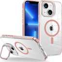for iPhone 15 Case Clear with Kickstand and Screen Protector - Wireless Charging Compatible, 21ft Military-Grade Drop Tested,Shockproof Slim Fit Magnetic Crystal Cover - Pink