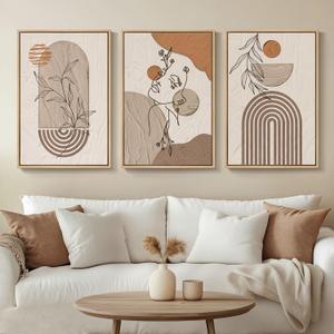 Neutral Framed Large Boho Canvas Wall Art, 3 Piece Bohemian Earth Tone Prints Paintings Artwork for Walls, Elegant Abstract Woman Face Pictures for Living Room, Bedroom, Office Wall Decor -16x24 Inch