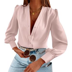 Women's Business Casual Tops Summer Long Sleeve Button Down Shirts V Neck Chiffon Blouses (X-Large)