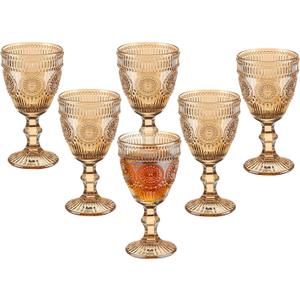 Vintage Wine Glasses Set of 6, 10 Ounces Colored Glass Water Goblets, Unique Flower Embossed Pattern High Clear Stemmed Glassware Wedding Party Bar Glass Drinking Cups Flower Amber Fancy Glasses