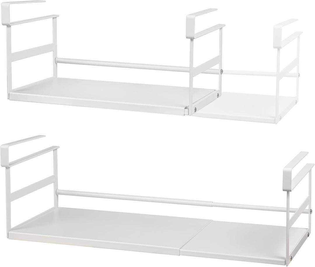 Under Shelf Storage Basket Expandable, 2 Pack Hanging Baskets Under Cabinet Shelf Organizer, Add-on Space Saver Kitchen, Pantry, Laundry Room, Heavy-Duty Slide-in White Large Extended Height (8.66D * 13.19-23.03W * 7.16H)