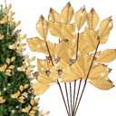 6 Pcs Christmas Artificial Velvet Glitter Magnolia Leaf Glittered Spray Picks 20" Fake Floral Leaf Branches Xmas Decoration for Christmas Tree DIY Crafts Gift Home Garden Decor(Gold)