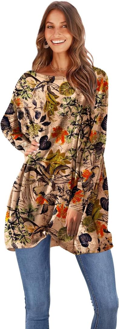 YESNO Women Graphic Oversized Pullover Sweaters Printed Casual Boat Neck Sweater Long Sleeve Knit Tops S05 (XX-Large, Floral P009o)