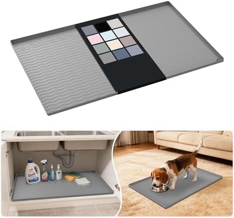URMONA Waterproof Silicone Under Sink Mat 34'' x 22'' Shelf Liner for Kitchen and Bathroom, Cabinet and Counter Protector, Storage and Organizers, Litter Mat, Pet Cat Puppy Essentials(Beige)