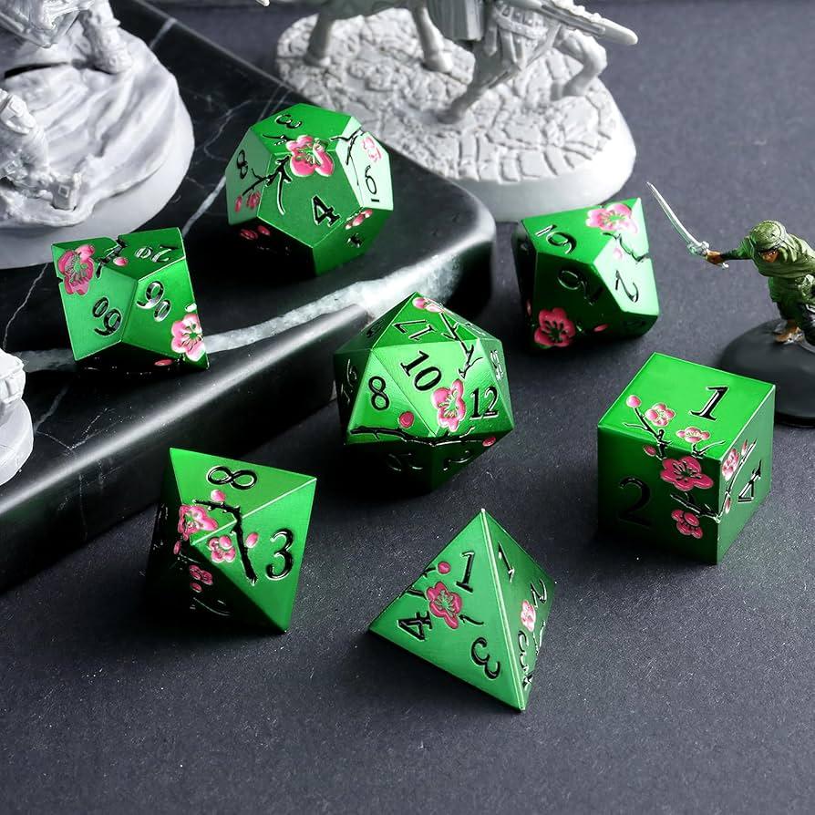 SIQUK Metal Polyhedral Dice Shiny Black Body and Dark Green Numbers Zinc Alloy Dice with Metal Case