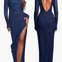 Long Sleeve Sparkly Mesh Dress Bodycon Maxi Side Split Tie Wedding Guest Formal Long Fall Dresses for Women 2025, S