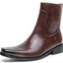 QKLMWES Mens Leather Pull On Low Chunky Heels Square Toe Dress Western Chelsea Boots Casual Ankle Cowboy Boots with Side Zipper & Buckles for Prom Formal Party Working Business (Brown, 8.5)