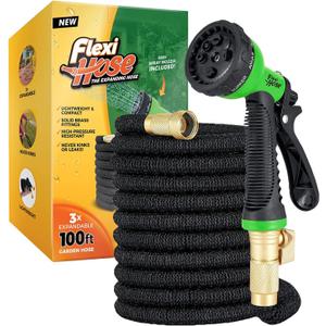 Flexi Hose with 8 Function Nozzle Expandable Garden Hose, Lightweight & No-Kink Flexible Garden Hose, 3/4 inch Solid Brass Fittings and Double Latex Core, 100 ft Black