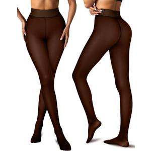 Vertvie Fleece Lined Tights Women Crotch One Seam Line Warm Sheer Pantyhose Fake Translucent Thermal Thick Tights Leggings (Small-Medium)