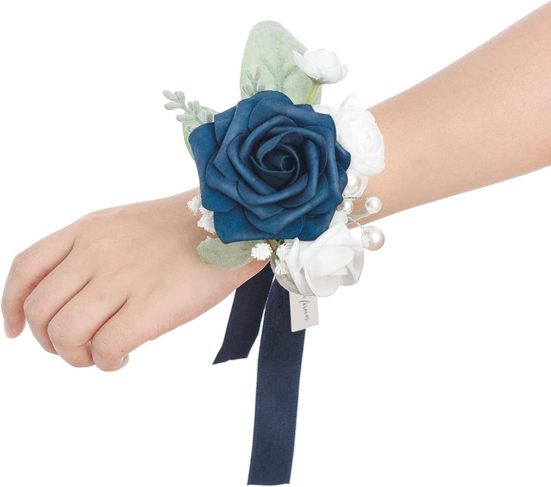 Ling's moment 6pcs Wedding Wrist Corsage Artificial Flowers, Girl/Mother Homecoming Prom Corsages Wristlet Dcor, etc. Navy Blue Dark Navy
