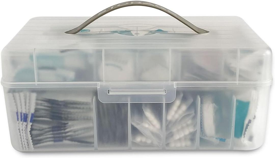 Large Bandage Organizer with Lid, Plastic 2 Tiers Container for Home Medicine Cabinet, Office, School Use, Bandages Storage Holder for Fabric Adhesive Strip, Medical Elastic Wrap (1 Pack)