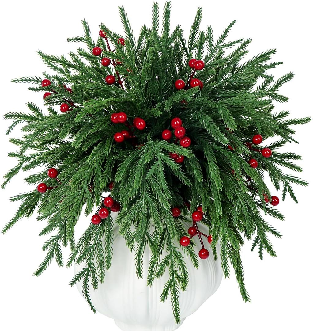 Kesywale Set of 40 Artificial Norfolk Pine Branches with Red Berry 12.8" Christmas Greenery Picks Fake Norfolk Pine Stems Tree Needle Sprigs for Vase Filler DIY Craft Garland Home Decorations (Green)