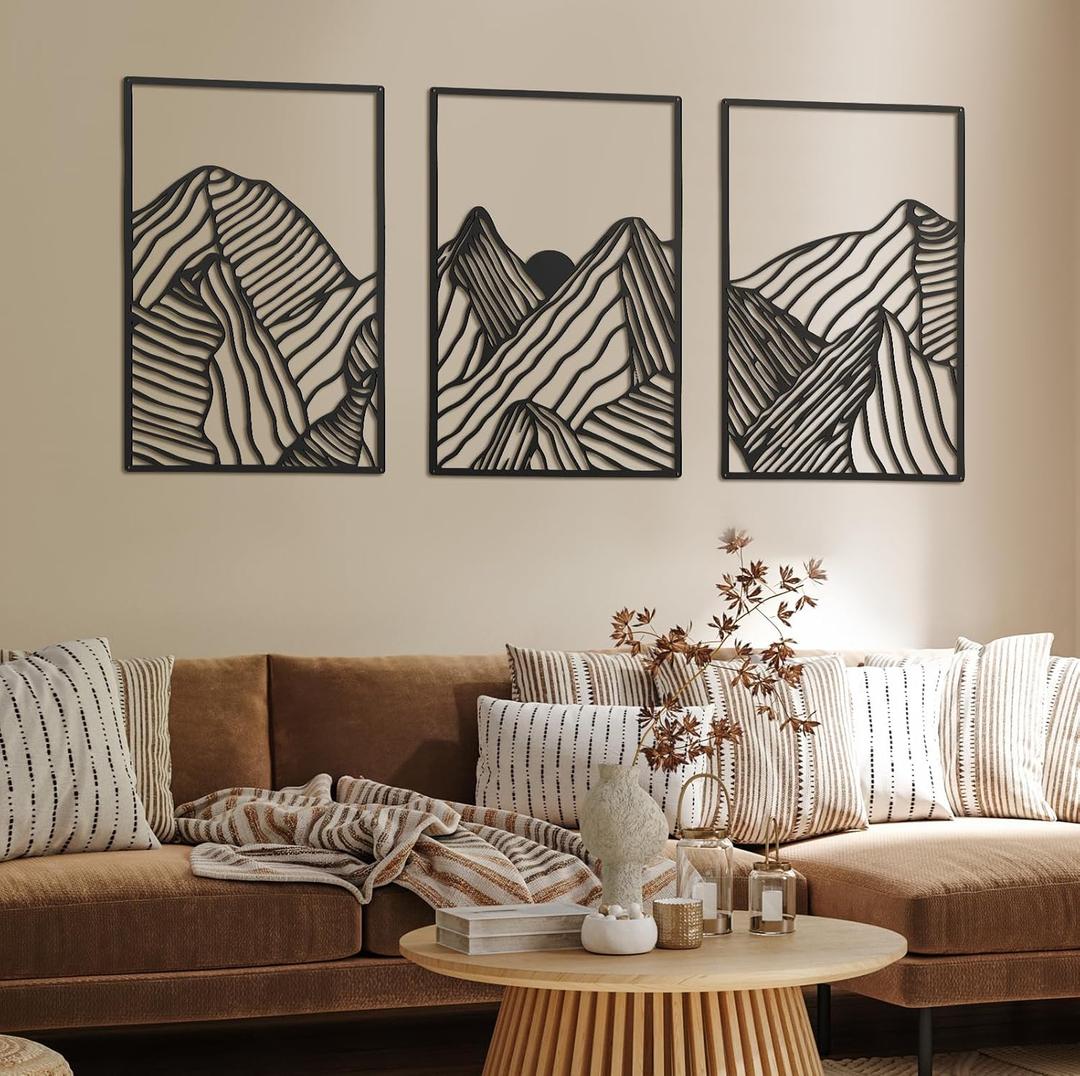 Peryiter 3 Pcs Metal Wall Art Decor Landscape Mountain Wall Hanging Decor for Living Room Abstract Minimalist Modern Mountain Line Pictures Bathroom Office Home Gifts Indoor(Black)