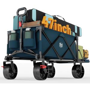 Timber Ridge 47" L Collapsible Wagon with Tailgate & Brake, 300 lbs Heavy Duty Beach Wagon with All-Terrain Big Wheels, 250L Foldable Utility Cart for Sand Camping Sports Shopping, Blue