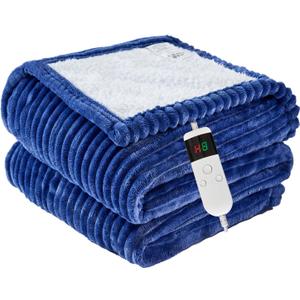 Heated Blanket Electric Throw, Soft Flannel Heating Blanket with 8 Hours Auto Off 10 Fast Heating Levels Machine Washable Sherpa Heated Blanket with Overheating Protection (Throw (50" x 60"), Blue)