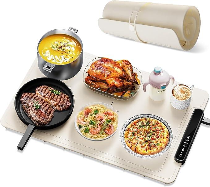 Food Warming Mat,Fast Heating Silicone Electric Warming Tray with Automatic Timing Function, Raised Feet Protects Table, spire Buffet Hot Plates Heat Pad