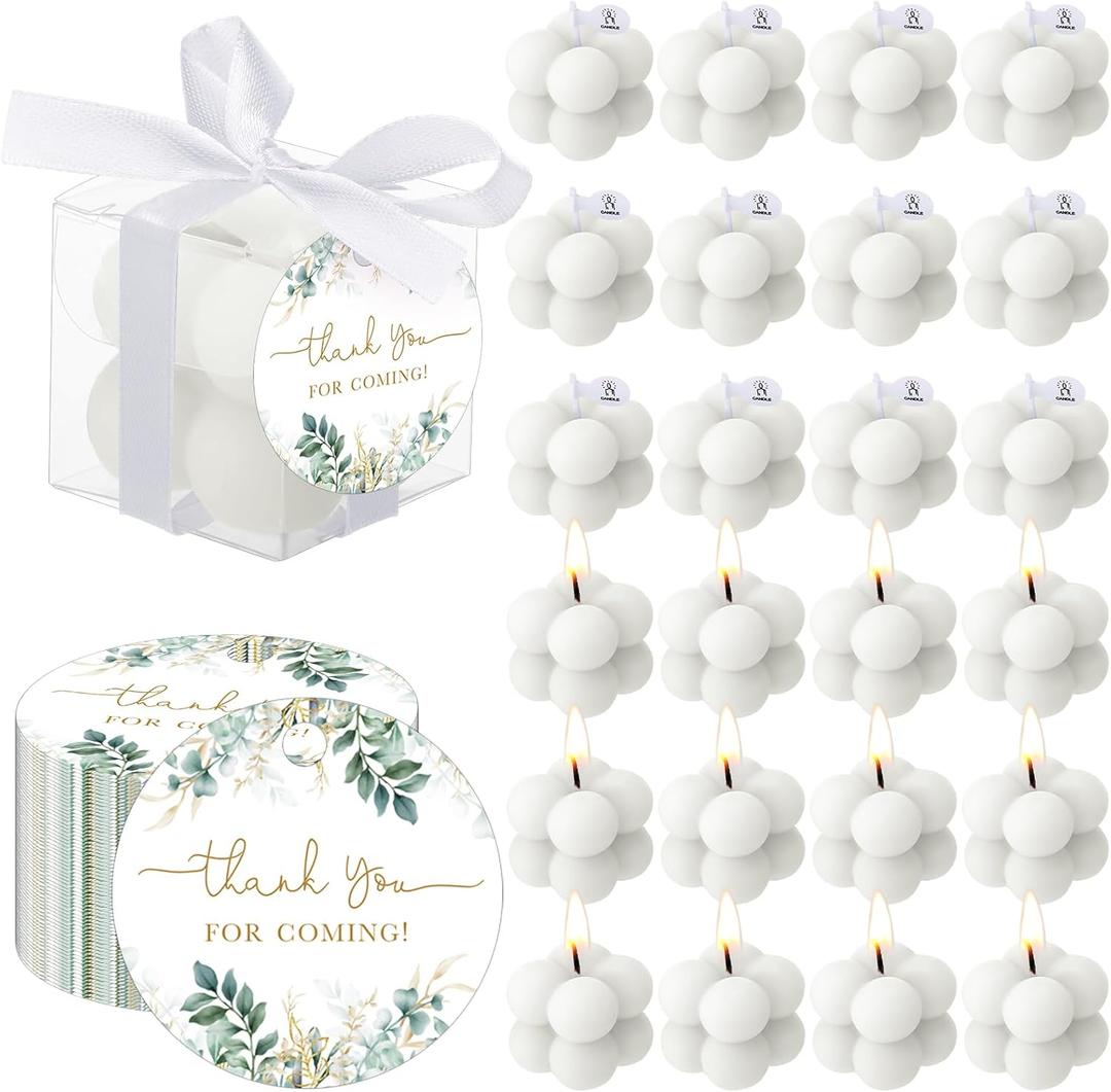 MTLEE 24 Sets Greenery Wedding Favors Party Candle Small Bubble Candle Favors for Guests Tea Candles Bulk with Stylish Ribbons Cards Gifts for Bridal Shower(White, Leaves)
