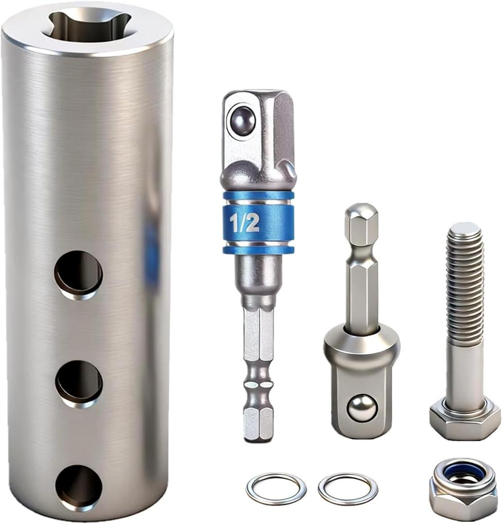 Stainless Steel Trailer Jack Drill Adapter with 2 Pcs 1/2 inch Socket Adapter Bit, Compatible with 1 Inch Jack Drive Shaft (Long Style Silver)