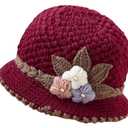 Flower Knit Crochet Fuzzy Bucket Hat Women Winter Warm Beanies Hat Furry Plush Faux Fur Fishing Skull Cap Fishman Hats (Red)