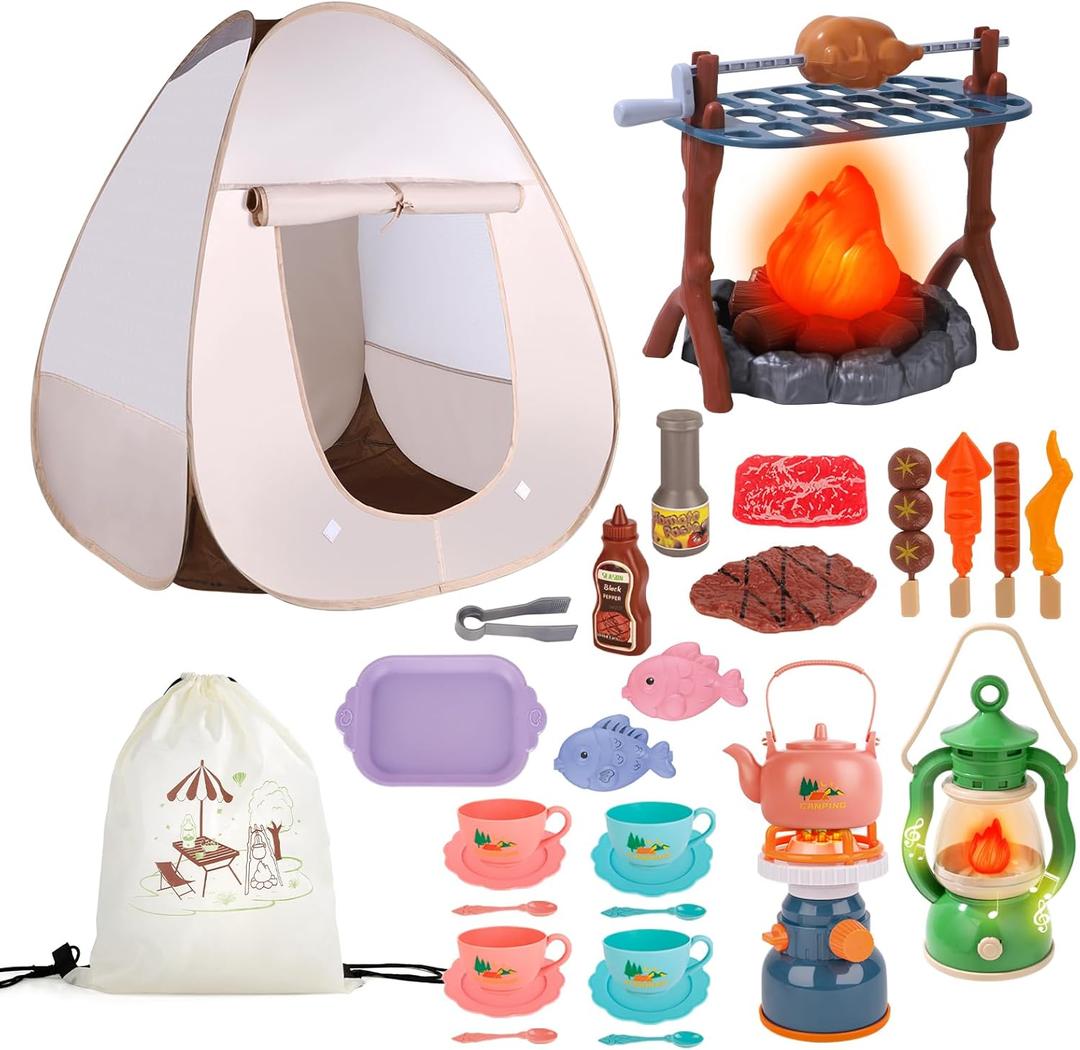 Kids Camping Set with Tent Camping Toys for Kids with Food Outdoor Campfire Toy for Toddlers Birthday Gift Age 3 4 5 6+ Year Old