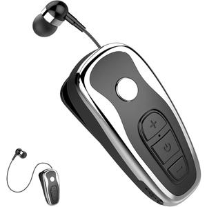 Retractable Wireless Headphone Headset Stereo Earphone lightweight V5.0 Noise Cancelling Mic Clip on Earpiece workout Sports running Business Trucker Driver Music Earbuds For Iphone android Phone (Black)