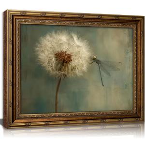 Vintage Gold Framed Dragonfly Wall Art Rustic Wildflower Dandelion Insect Painting Canvas Prints Retro Moody Botanical Picture Poster Country Farmhouse Artwork for Living Room Bedroom Bathroom