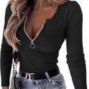 OwnTime Womens Sexy Tops Long Sleeve Henley Shirts Fitted Low Cut Tops Ribbed Zipper V Neck Cleavage Fall Shirts Blouses (Small, Black)
