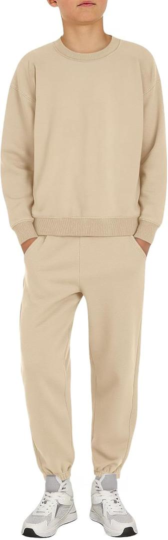 Haloumoning Boys 2 Piece Outfits Sweatsuit Kids Crewneck Sweatshirt and Elastic Waist Sweatpants Set 5-14 Years (Apricot), 11-12Y