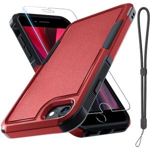 RMOCR Case for iPhone 8/7/SE 2022 2020, with Screen Protector,Military Grade Heavy Duty Shockproof Phone Cover with Wrist Lanyard Strap for iPhone 8/7/SE 2nd 3rd 4.7 inch,Red
