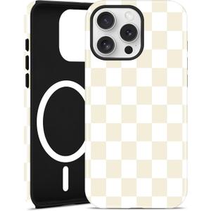 Jusy Compatible with MagSafe Checkerboard Phone Case for iPhone 16 Pro, Cute Aesthetic Checkered Magnetic Soft TPU and Hard PC Protective Phone Cover for Women Girls（Matte） - Beige