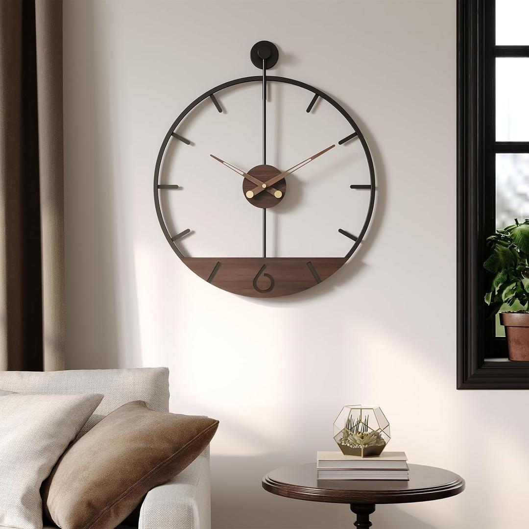 Modern 24 Inch Wall Clock, Minimalist Wood and Metal Wall Decor Clock with Walnut Dial, Silent Non Ticking Battery Operated Clock for Living Room, Kitchen, Office, Bedroom